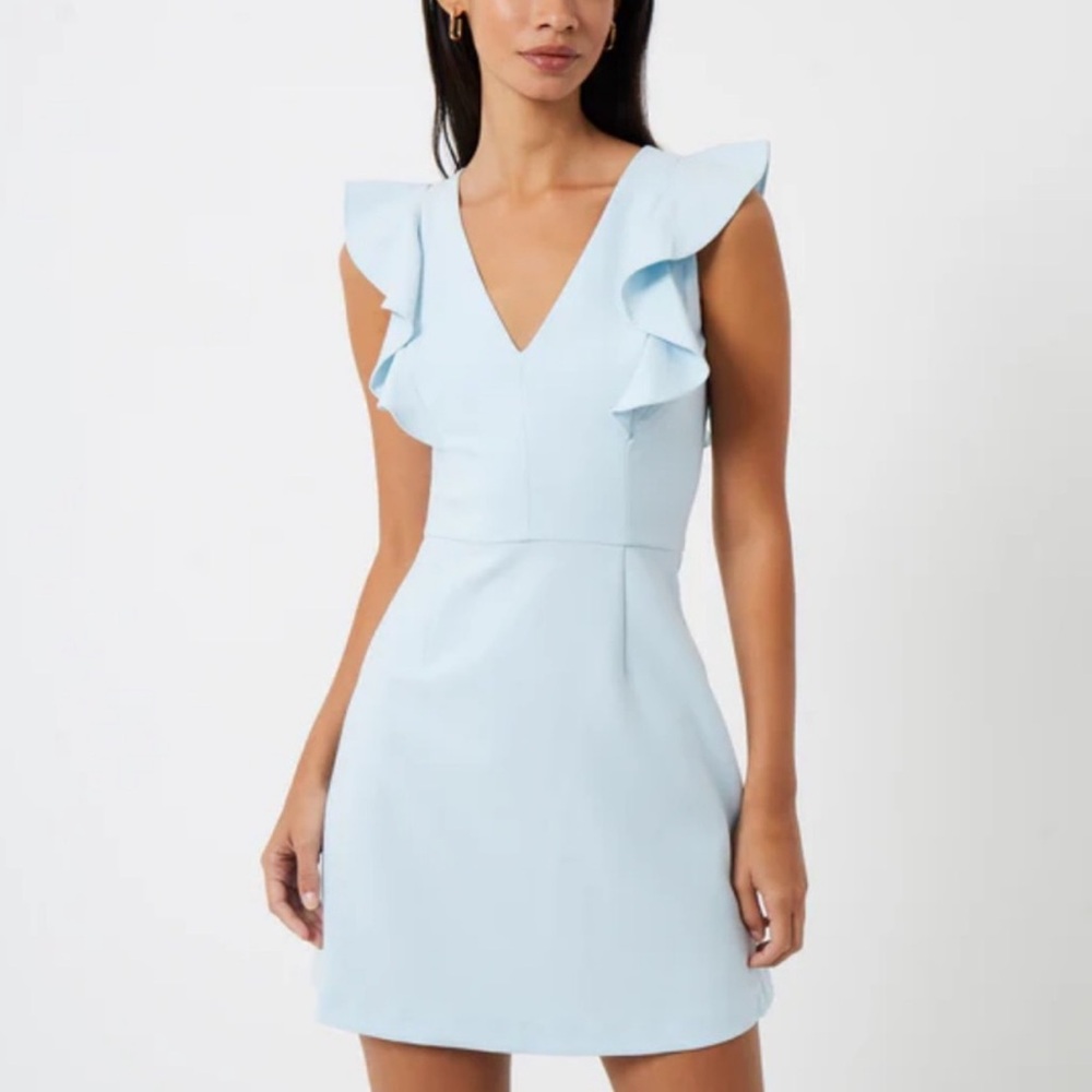 NWT! French Connection- Whisper Ruffle V-Neck Dress, Light Dream Blue. Sz 2